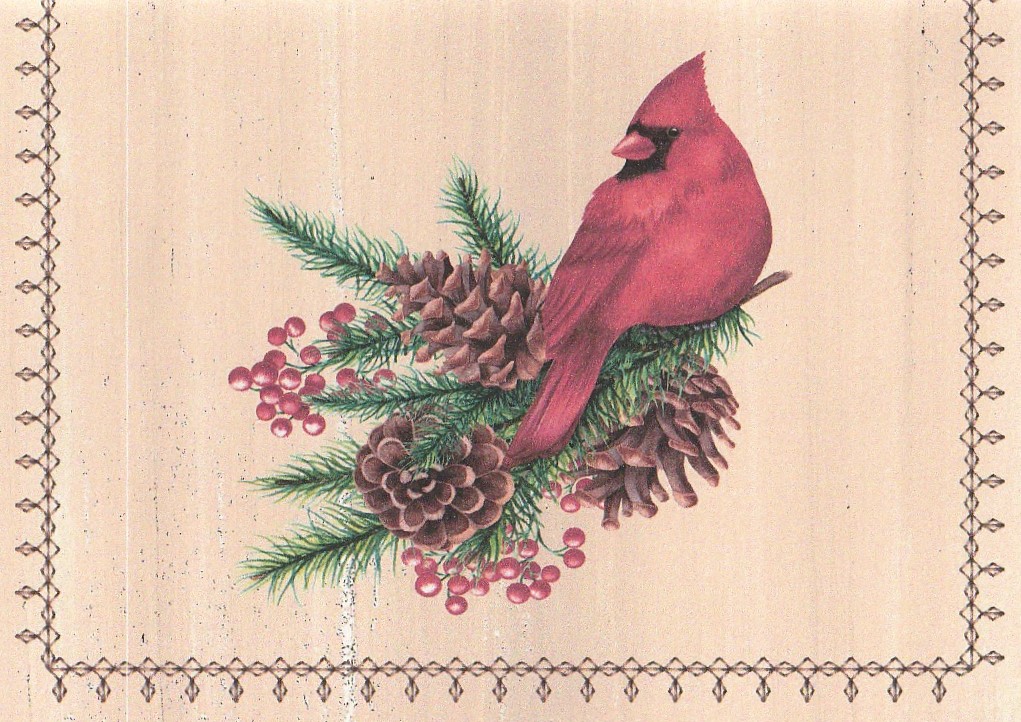 Cardinal Pinecones on Wood